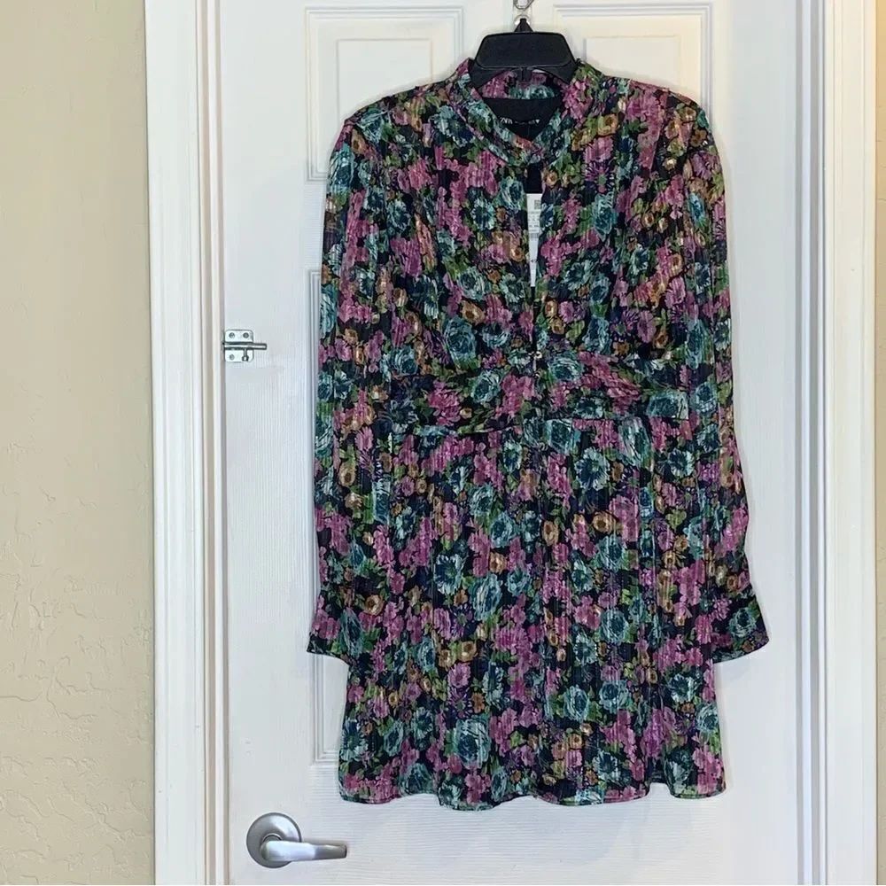 ZARA FLORAL DRESS WITH METALLIC THREAD Size Large - Picture 12 of 16
